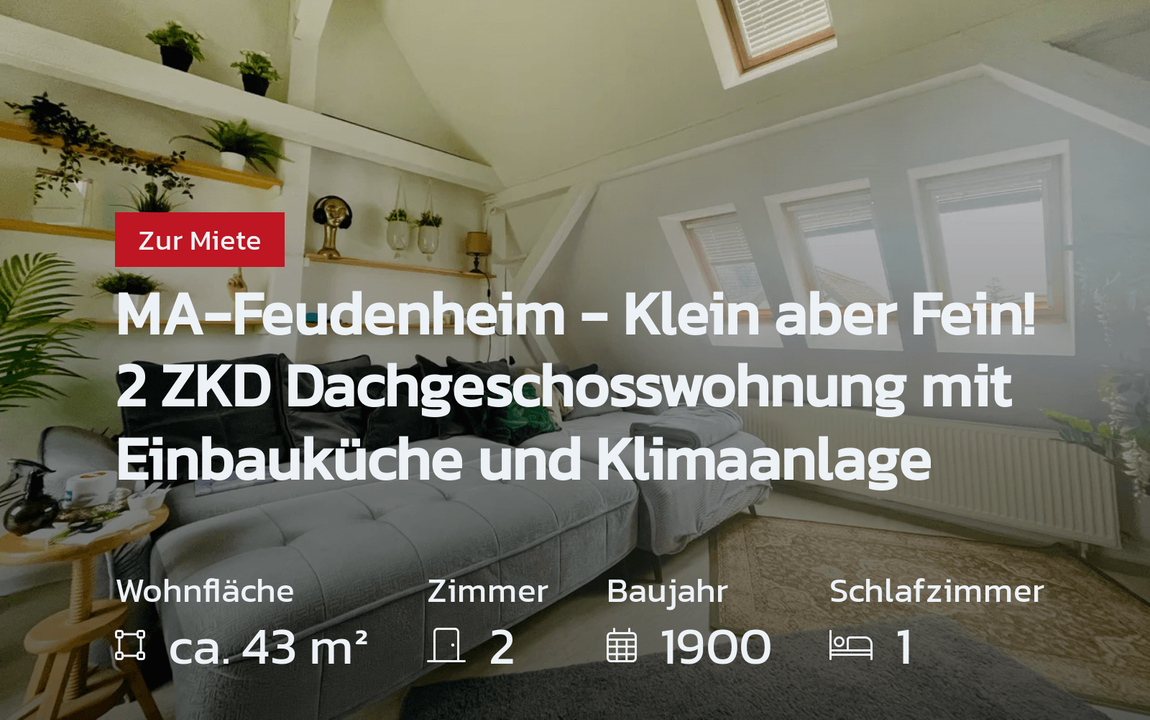 Nicht mehr verfügbar: MA-Feudenheim – Klein aber Fein! 2 ZKD Dachgeschosswohnung mit Einbauküche und Klimaanlage